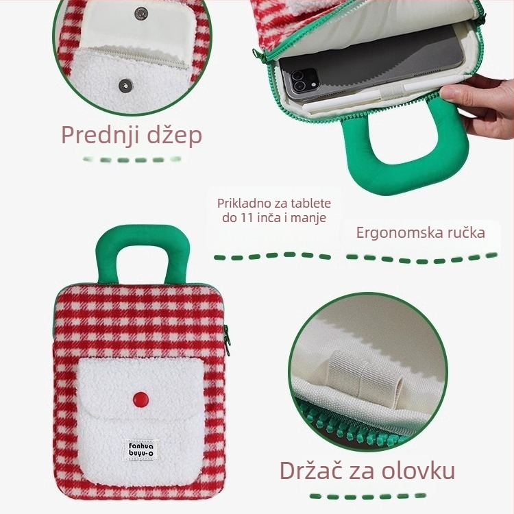 Plišani futrol za tablet u korejskom stilu s kariranim uzorkom, otporna na udarce, prenosiva s ručkom, poliester podstava