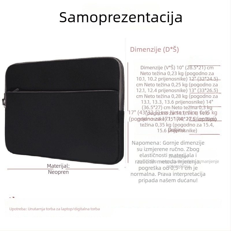 Torba za laptop od neoprenskog materijala, zatvarač, unutarnja džep za računalo, vodootporna