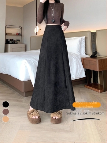 Suknja s fishtailom, duga A-linija silueta, visok pojas (materijal: velur; glavni materijal: polyester 90–95%; mikroelastičnost; duljina: duga)