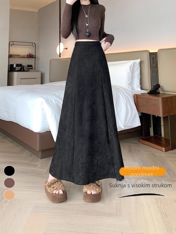 Suknja s fishtailom, duga A-linija silueta, visok pojas (materijal: velur; glavni materijal: polyester 90–95%; mikroelastičnost; duljina: duga)