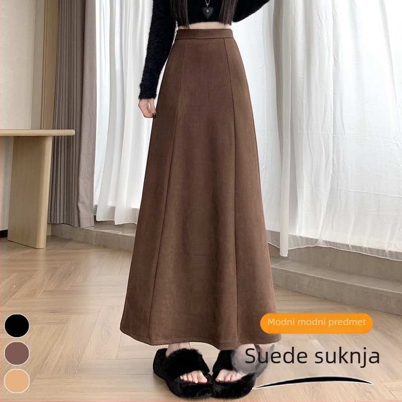 Suknja s fishtailom, duga A-linija silueta, visok pojas (materijal: velur; glavni materijal: polyester 90–95%; mikroelastičnost; duljina: duga)
