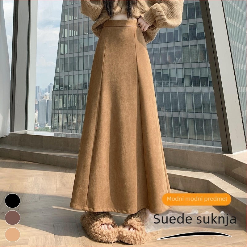 Suknja s fishtailom, duga A-linija silueta, visok pojas (materijal: velur; glavni materijal: polyester 90–95%; mikroelastičnost; duljina: duga)