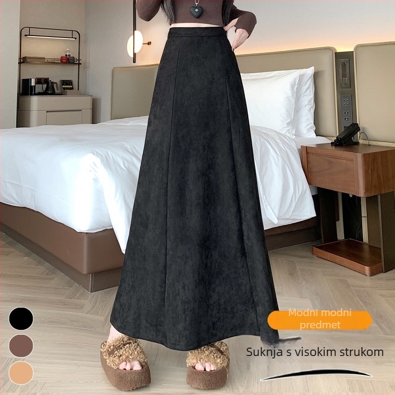 Suknja s fishtailom, duga A-linija silueta, visok pojas (materijal: velur; glavni materijal: polyester 90–95%; mikroelastičnost; duljina: duga)