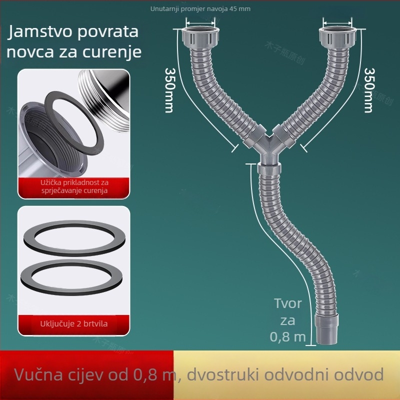 Y-oblik odvod za kuhinjski sudoper, ABS, za dvostruki sudoper, s preklopnim poklopcem i protiv mirisa
