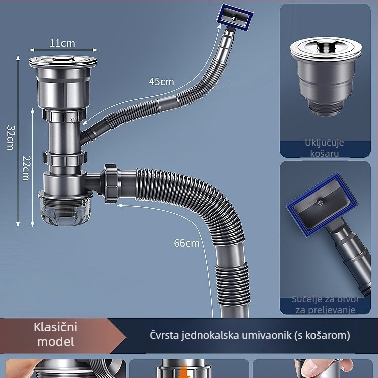 Set vodovodnih dijelova za odvod kuhinjskog sudopera – model jednoslojni/dvostruki; materijal: PP i nehrđajući čelik; prilagođivanje obrade: da; stil: moderni minimalizam; tip: povlačenje; marka: Win the bully.
