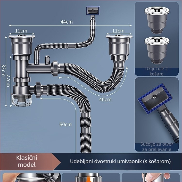 Set vodovodnih dijelova za odvod kuhinjskog sudopera – model jednoslojni/dvostruki; materijal: PP i nehrđajući čelik; prilagođivanje obrade: da; stil: moderni minimalizam; tip: povlačenje; marka: Win the bully.