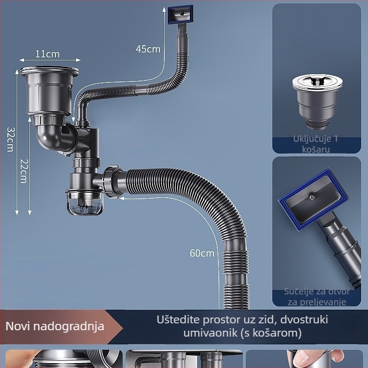 Set vodovodnih dijelova za odvod kuhinjskog sudopera – model jednoslojni/dvostruki; materijal: PP i nehrđajući čelik; prilagođivanje obrade: da; stil: moderni minimalizam; tip: povlačenje; marka: Win the bully.