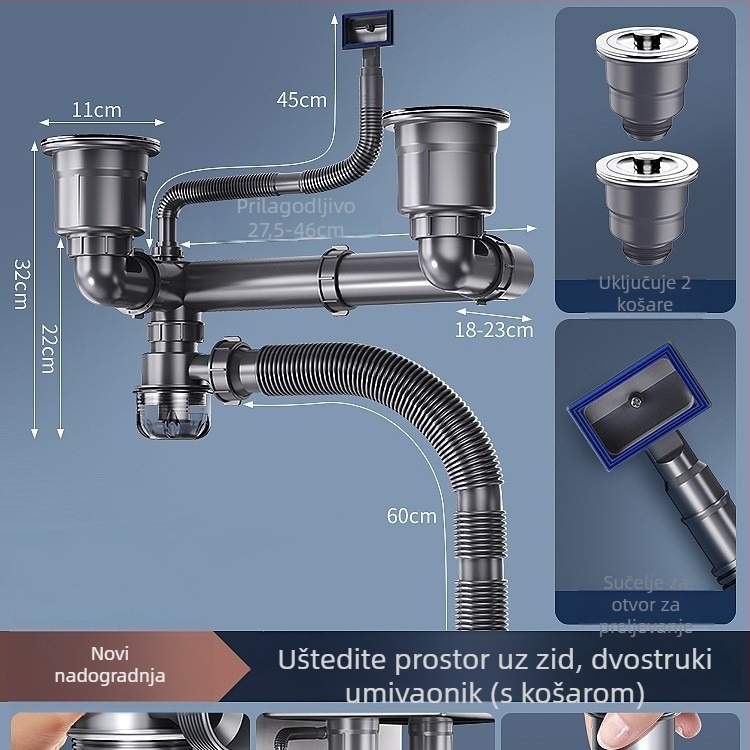 Set vodovodnih dijelova za odvod kuhinjskog sudopera – model jednoslojni/dvostruki; materijal: PP i nehrđajući čelik; prilagođivanje obrade: da; stil: moderni minimalizam; tip: povlačenje; marka: Win the bully.