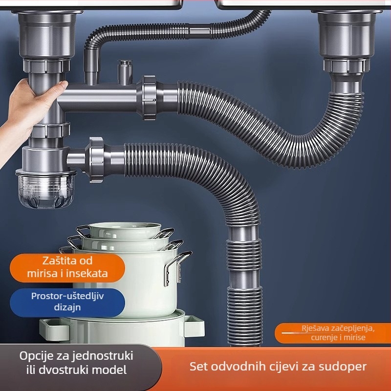 Set vodovodnih dijelova za odvod kuhinjskog sudopera – model jednoslojni/dvostruki; materijal: PP i nehrđajući čelik; prilagođivanje obrade: da; stil: moderni minimalizam; tip: povlačenje; marka: Win the bully.