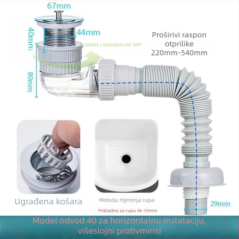 Odvodnja cijev za umivaonik - plastična, S-oblika, vučni tip, marka Long Whale, model Mop Pool