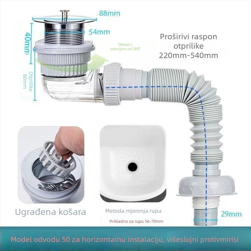 Odvodnja cijev za umivaonik - plastična, S-oblika, vučni tip, marka Long Whale, model Mop Pool
