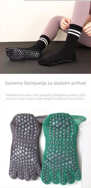 Peto-prstne čarape s podijeljenim prstima, protuklizne, od combed pamuka, srednje dužine tubusa, bezšivne, izrađene s 144 igle.
