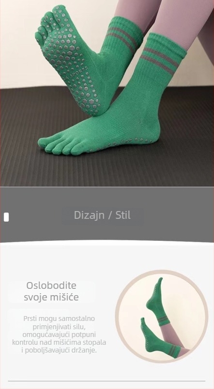 Peto-prstne čarape s podijeljenim prstima, protuklizne, od combed pamuka, srednje dužine tubusa, bezšivne, izrađene s 144 igle.