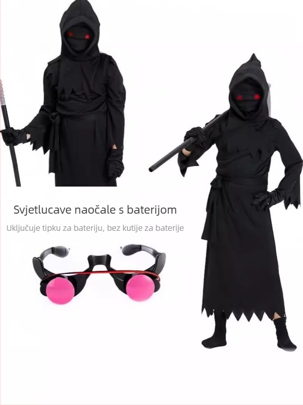Dječji Halloween cosplay kostim: Grim Reaper kostim sa svjetlećim naočalama za scenske nastupe (poliesterska tkanina s elastanom; 95% poliester; uzrast do 17 godina)