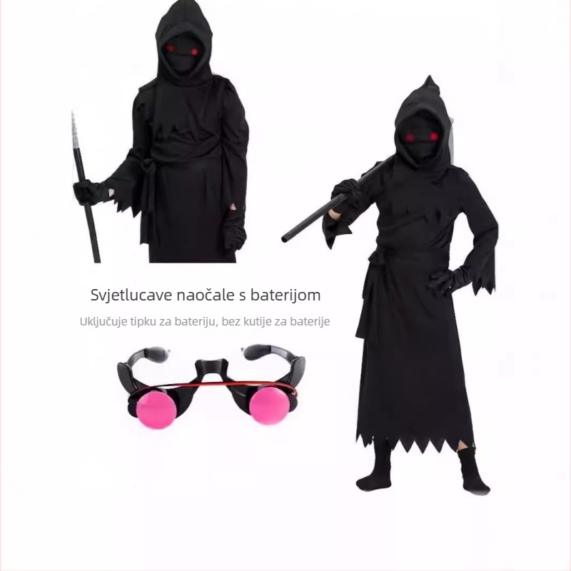 Dječji Halloween cosplay kostim: Grim Reaper kostim sa svjetlećim naočalama za scenske nastupe (poliesterska tkanina s elastanom; 95% poliester; uzrast do 17 godina)