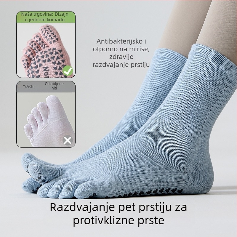 Petoprstne joga čarape s anti-kliznim gripom, ženske, srednje dužine cijevi, 85% pamuk, 3% spandeks, 10% poliester, 2% elastan