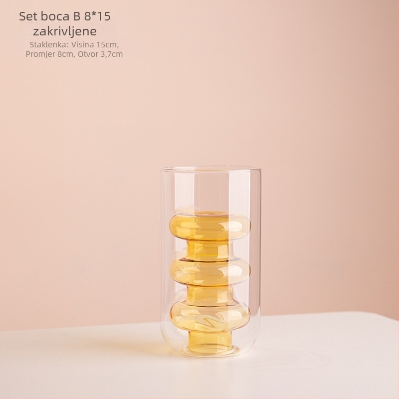 Staklena vaza s dvostrukim slojem, geometrijski oblik, prozirni stolni dekor, polirana površina, polu ručna izrada, moderni umjetnički stil