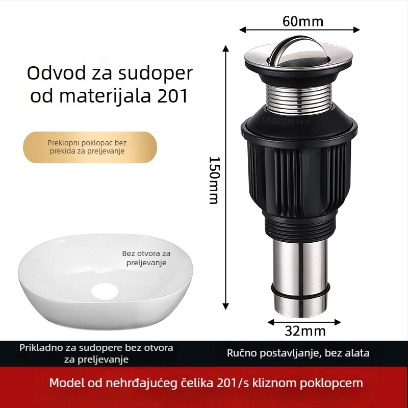 Liya nehrđajući čelični odvod za umivaonik s preklopnom pločom, model 721, filtr za dezodorizaciju, kuhinjski sudoper