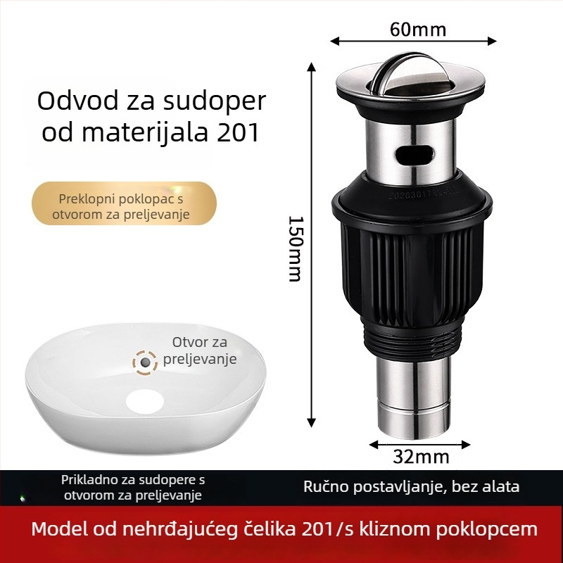 Liya nehrđajući čelični odvod za umivaonik s preklopnom pločom, model 721, filtr za dezodorizaciju, kuhinjski sudoper