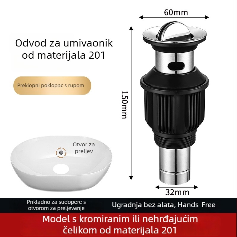 Liya nehrđajući čelični odvod za umivaonik s preklopnom pločom, model 721, filtr za dezodorizaciju, kuhinjski sudoper