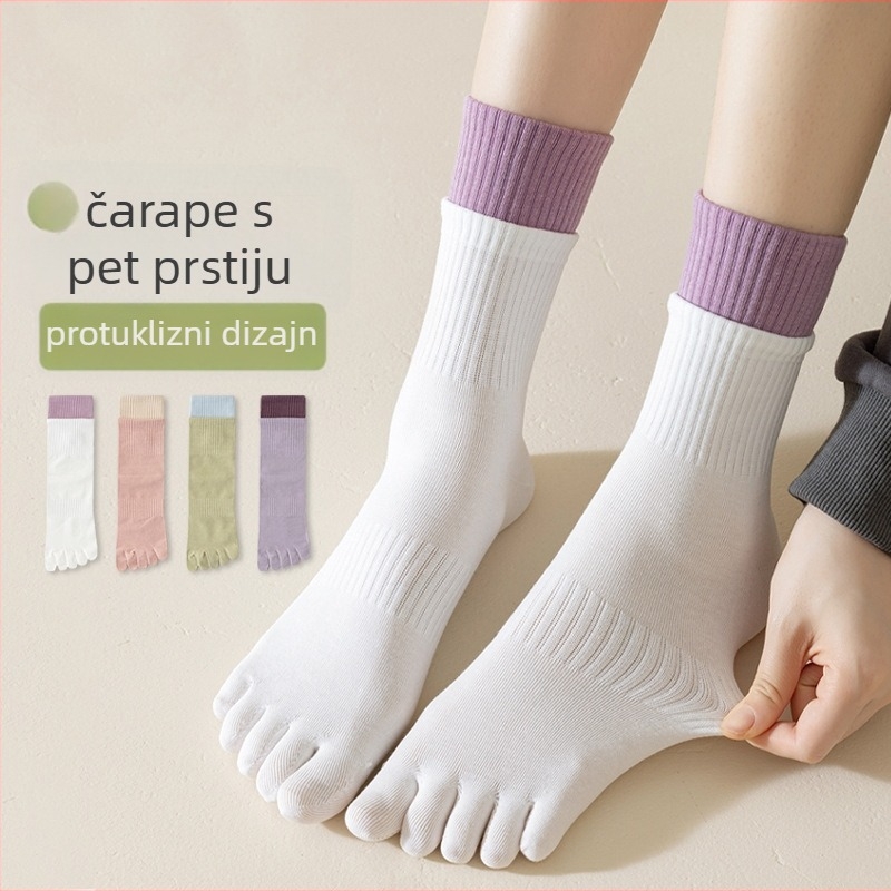 Ženske petoprstne čarape od pamuka, blok uzorak, srednje dužine do potkoljenice, bezšivni prsti