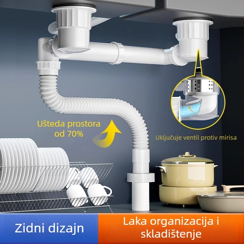 Set fitinga za odvod kuhinjskog sudopera s dvostrukim sudoperom – plastika, brend Smart bath, model Double groove sewer pipe