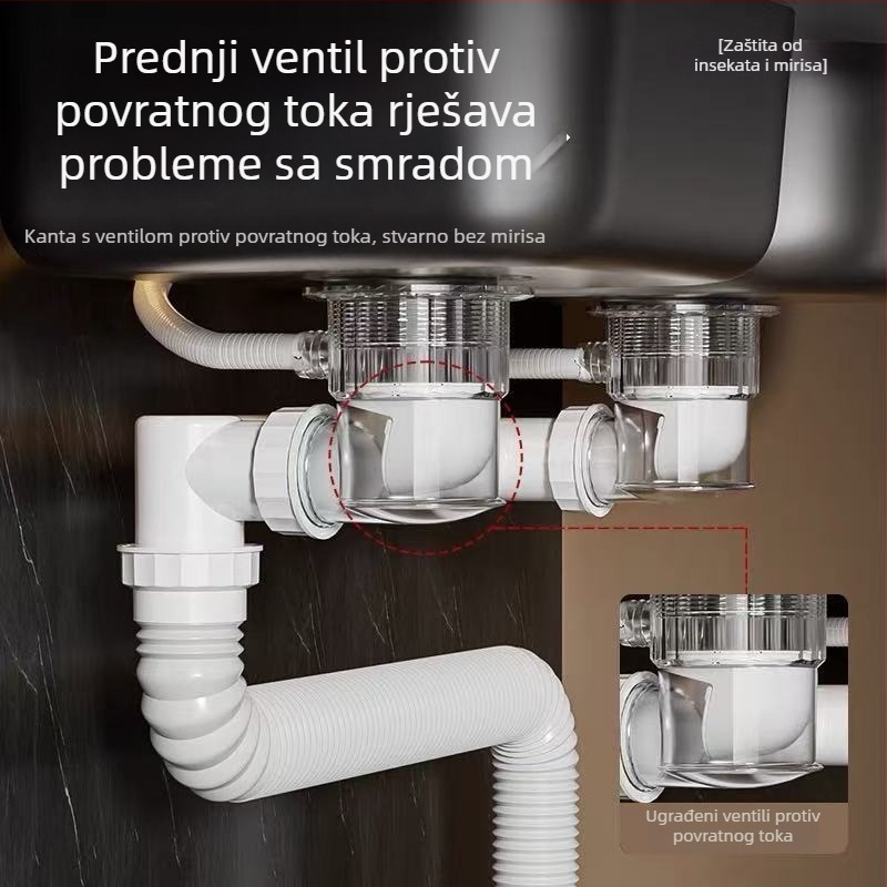 Set fitinga za odvod kuhinjskog sudopera s dvostrukim sudoperom – plastika, brend Smart bath, model Double groove sewer pipe