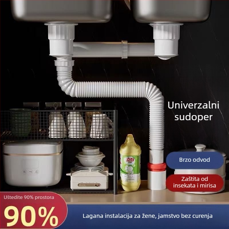 Set fitinga za odvod kuhinjskog sudopera s dvostrukim sudoperom – plastika, brend Smart bath, model Double groove sewer pipe