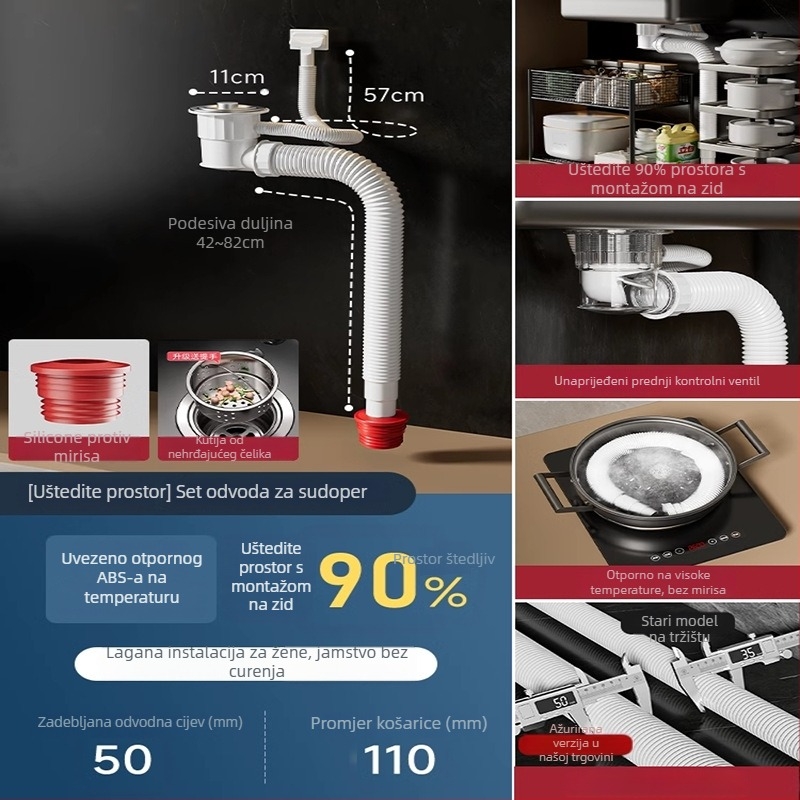 Set fitinga za odvod kuhinjskog sudopera s dvostrukim sudoperom – plastika, brend Smart bath, model Double groove sewer pipe