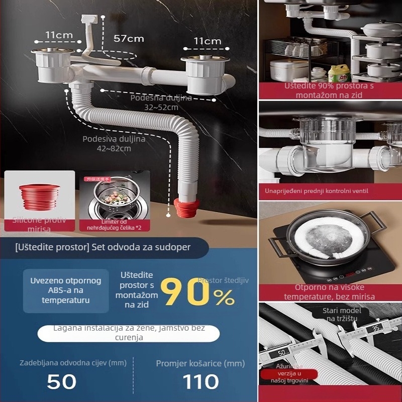 Set fitinga za odvod kuhinjskog sudopera s dvostrukim sudoperom – plastika, brend Smart bath, model Double groove sewer pipe