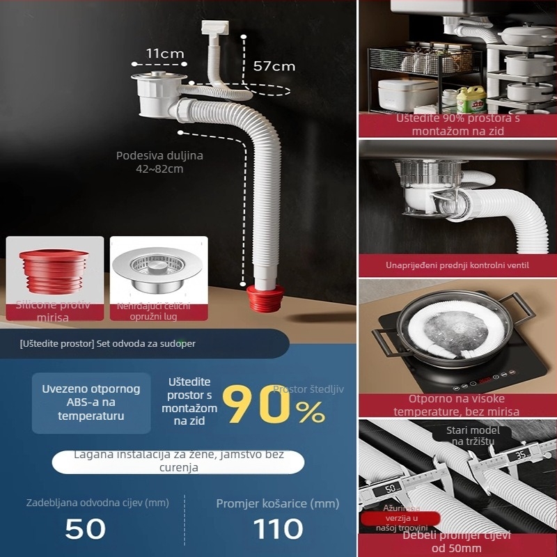 Set fitinga za odvod kuhinjskog sudopera s dvostrukim sudoperom – plastika, brend Smart bath, model Double groove sewer pipe