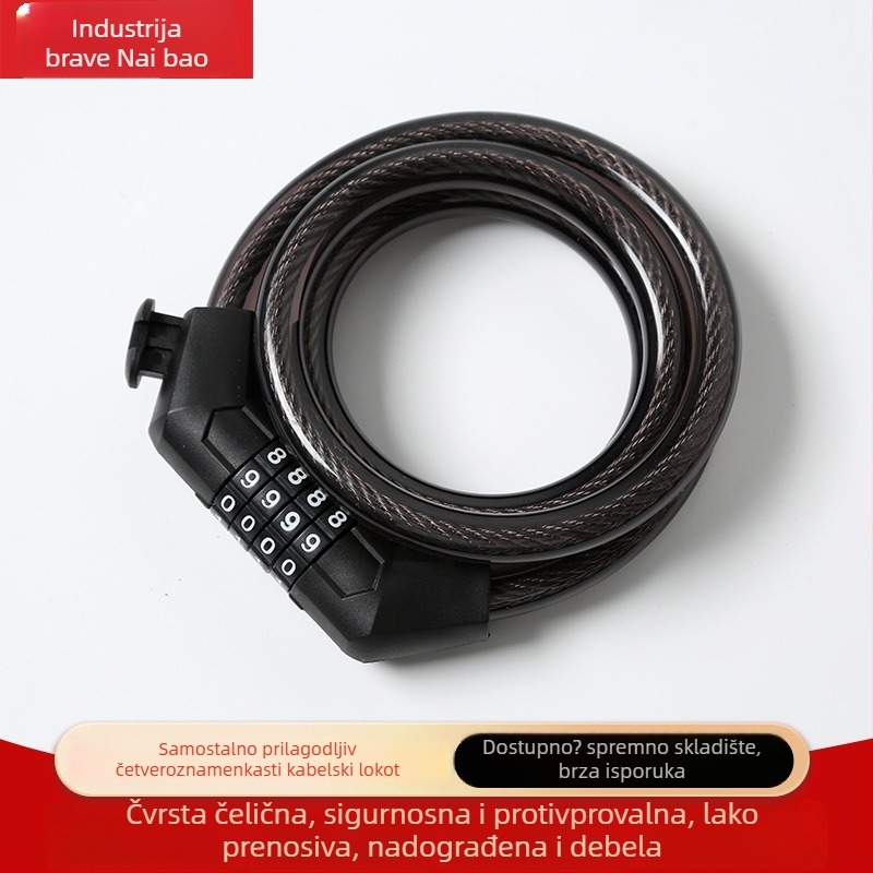U-oblik sigurnosni blok za bicikle s četveroznaknim kodom, čelični kabel • Model SL5007 • Materijal: čelični kabel • Područje primjene: bicikli, električna vozila, motocikli