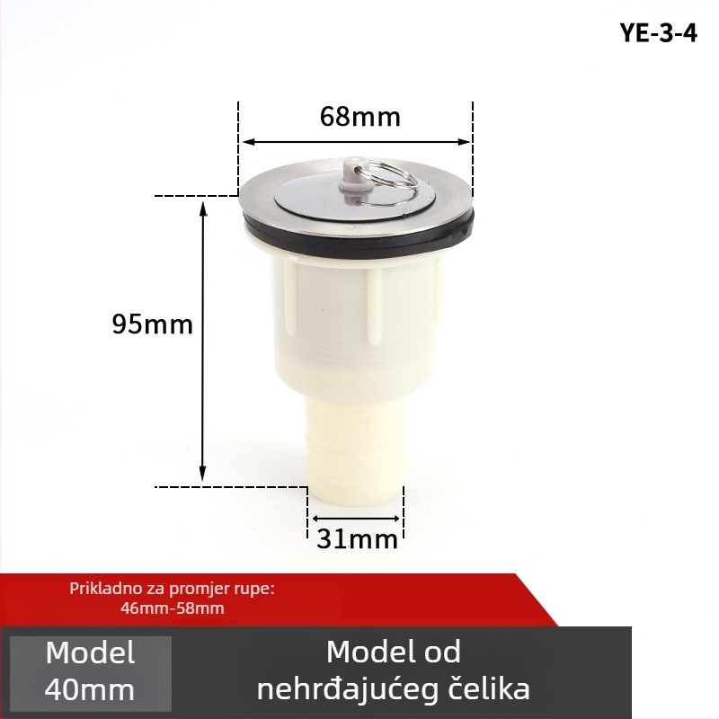 Drenaža od nehrđajućeg čelika za mop kadu, S-luk, tip klapne, model 50, za mop bazen