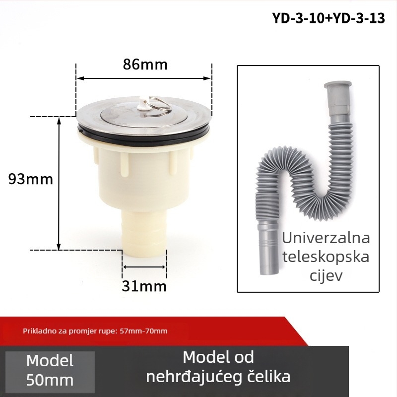 Drenaža od nehrđajućeg čelika za mop kadu, S-luk, tip klapne, model 50, za mop bazen