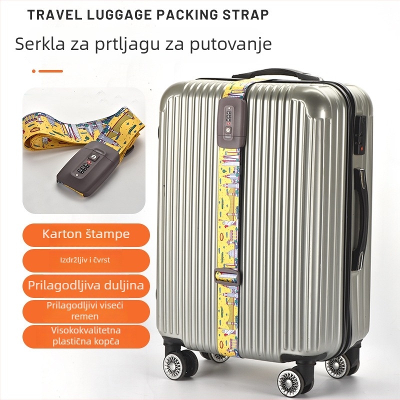 Remen za jačanje prtljage s otiskom; Materijal: najlon/poliester/polipropilen; Model: One-Word/Cross; Kopča: Customs Lock s TSA težinom; Proces tiska: sitotisak, toplinski prijenos, Jacquard