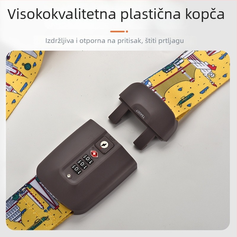 Remen za jačanje prtljage s otiskom; Materijal: najlon/poliester/polipropilen; Model: One-Word/Cross; Kopča: Customs Lock s TSA težinom; Proces tiska: sitotisak, toplinski prijenos, Jacquard
