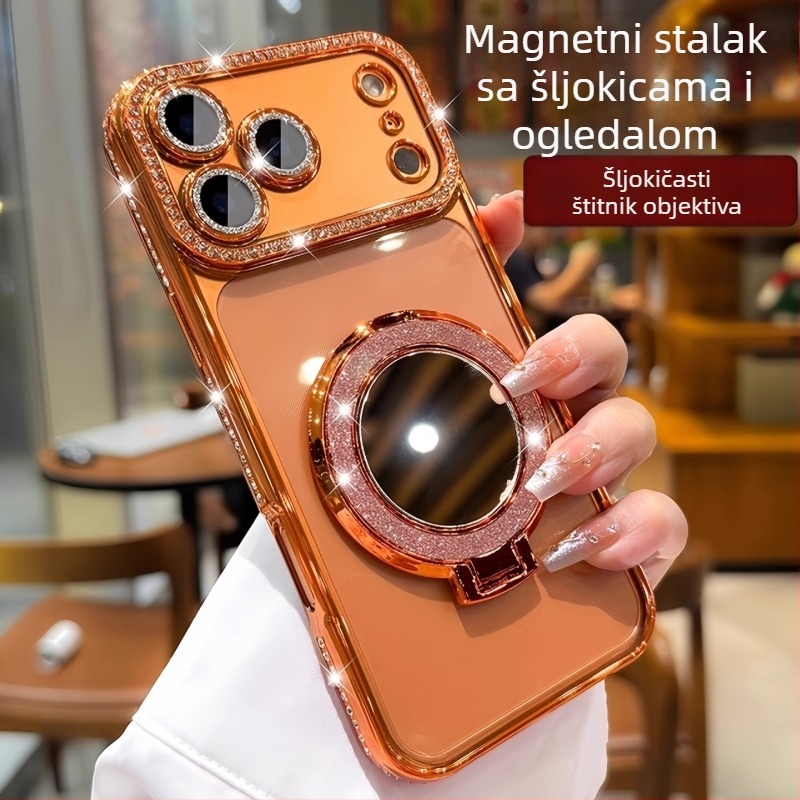 Silikonska maska za iPhone 17 Pro Max sa blistavim ogledalom, magnetskim držačem, cirkon kamenčićima i luksuznom zaštitom