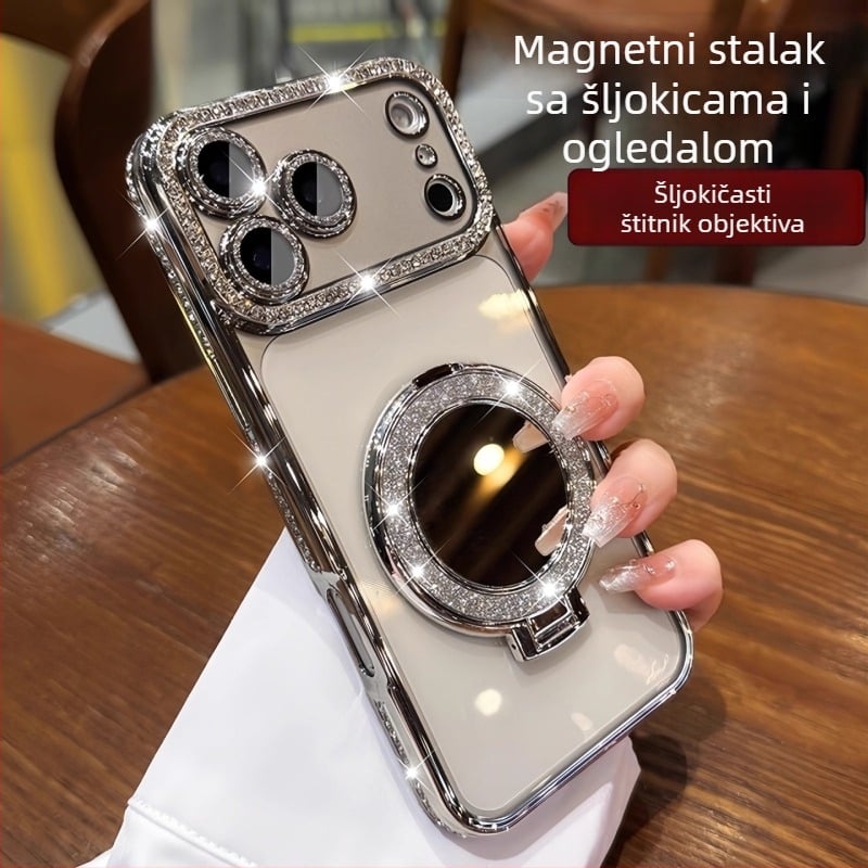 Silikonska maska za iPhone 17 Pro Max sa blistavim ogledalom, magnetskim držačem, cirkon kamenčićima i luksuznom zaštitom