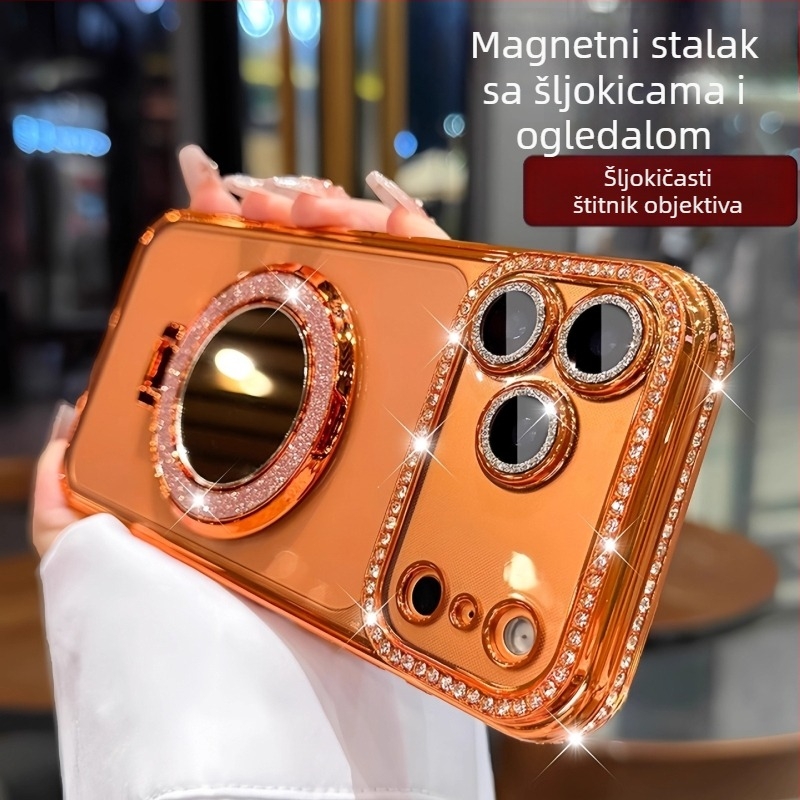 Silikonska maska za iPhone 17 Pro Max sa blistavim ogledalom, magnetskim držačem, cirkon kamenčićima i luksuznom zaštitom