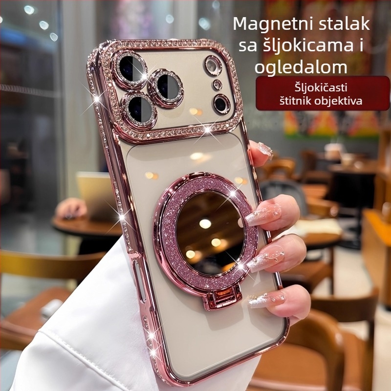 Silikonska maska za iPhone 17 Pro Max sa blistavim ogledalom, magnetskim držačem, cirkon kamenčićima i luksuznom zaštitom