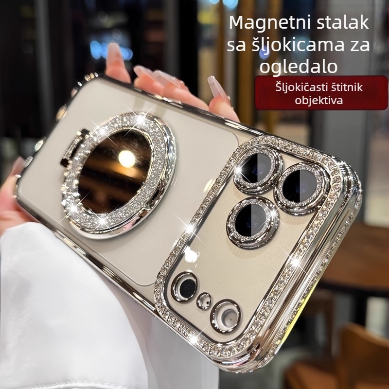 Silikonska maska za iPhone 17 Pro Max sa blistavim ogledalom, magnetskim držačem, cirkon kamenčićima i luksuznom zaštitom