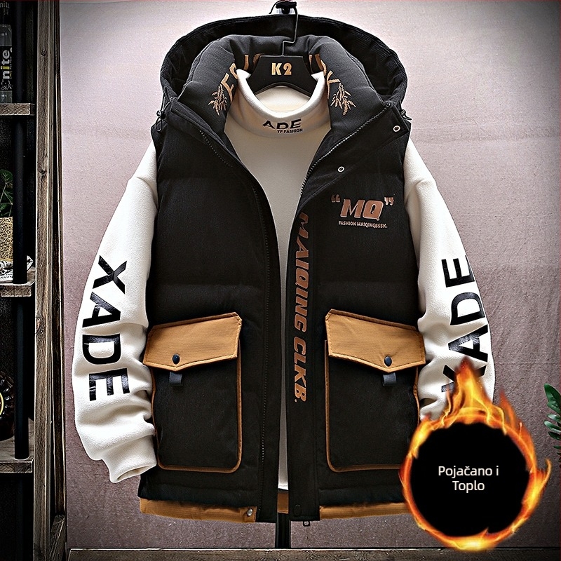 Mladi kapuljačasti prsluk za zimu, zatvarač na zip, geometrijski uzorak, slobodan kroj, glavni materijal: kunićje krzno