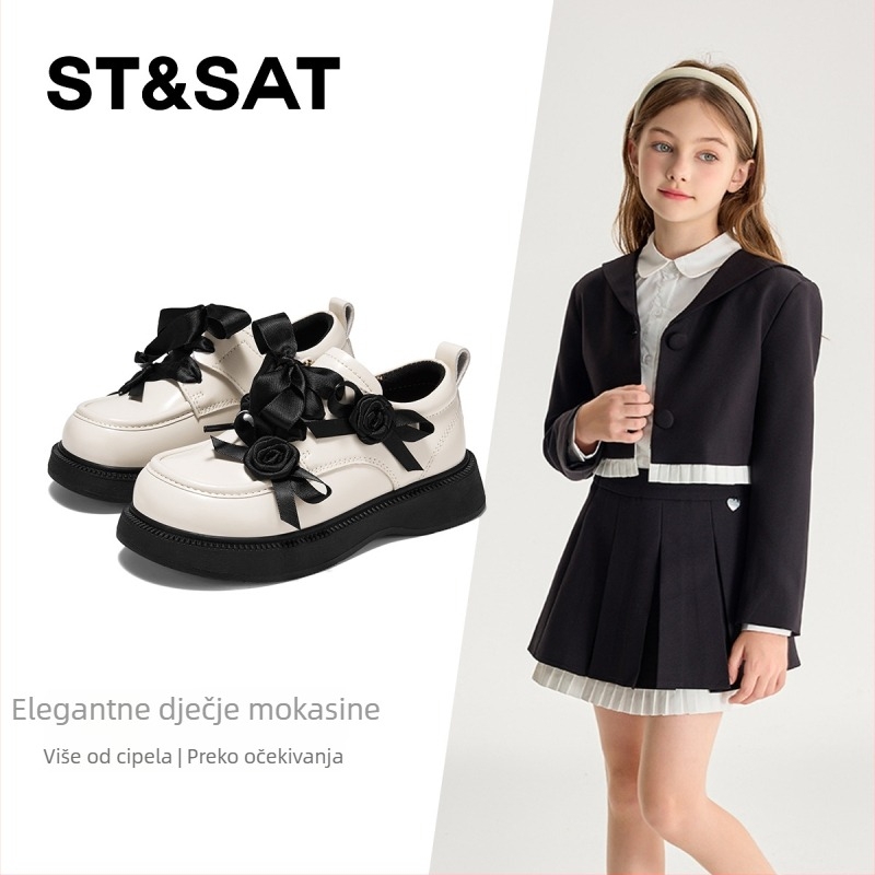 Dječje loafers s mašnom za djevojčice, sintetička koža gornja, Velcro zatvaranje, gumeni potplat, princes stil, jesen 2025