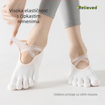 Ženske čarape za jogu s podijeljenim prstima i čipkastim trakama (Materijal: pamuk; Funkcije: protuklizne, upijanje znoja, dezodorans, anti-trenje; Vzor: jednobojan; Pletenje: s jednim iglom; Broj igala: 168)