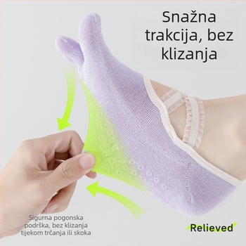 Ženske čarape za jogu s podijeljenim prstima i čipkastim trakama (Materijal: pamuk; Funkcije: protuklizne, upijanje znoja, dezodorans, anti-trenje; Vzor: jednobojan; Pletenje: s jednim iglom; Broj igala: 168)