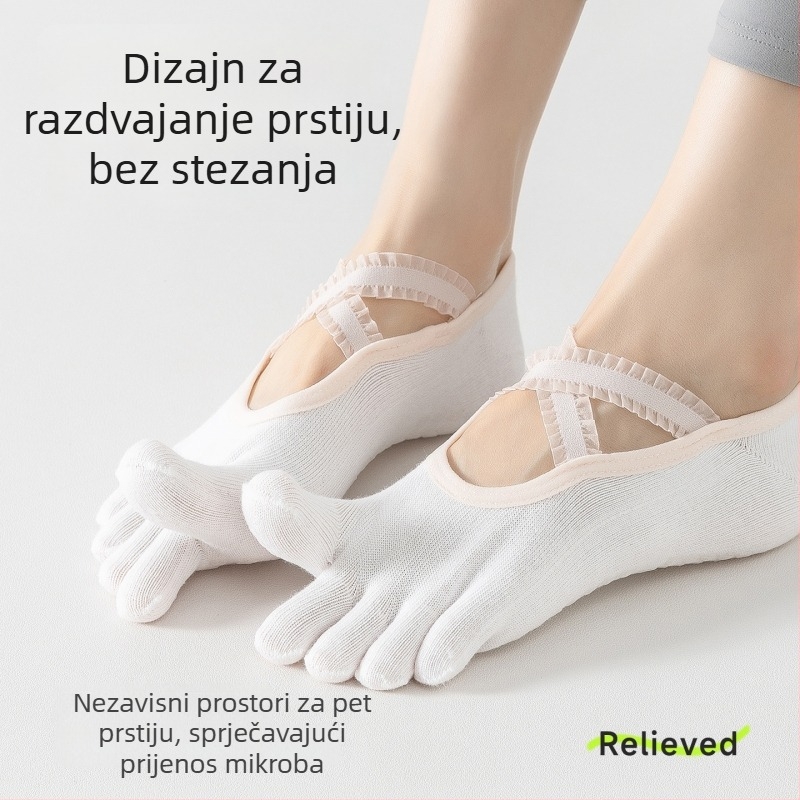 Ženske čarape za jogu s podijeljenim prstima i čipkastim trakama (Materijal: pamuk; Funkcije: protuklizne, upijanje znoja, dezodorans, anti-trenje; Vzor: jednobojan; Pletenje: s jednim iglom; Broj igala: 168)
