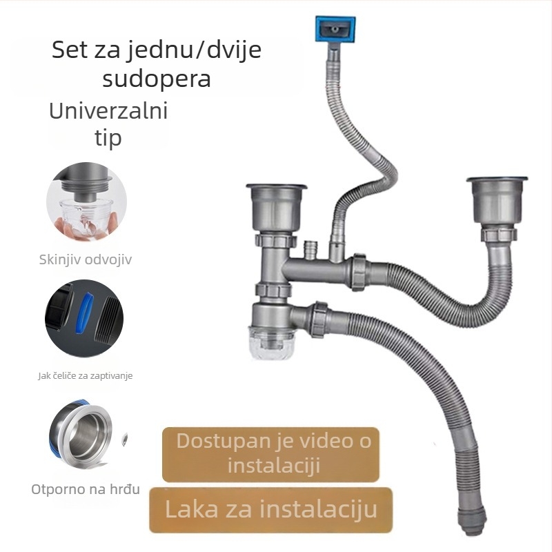 Set odvoda cijevi za sudoperu – dvostruka kuhinjska sudopera, (Model RQ6; PP; Otporan na miris; Brand: Qingduo)