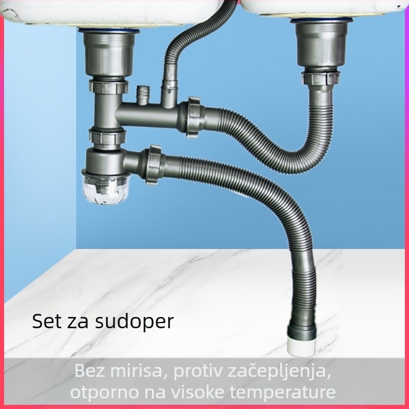 Set odvoda cijevi za sudoperu – dvostruka kuhinjska sudopera, (Model RQ6; PP; Otporan na miris; Brand: Qingduo)