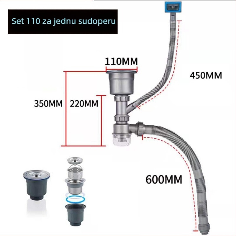 Set odvoda cijevi za sudoperu – dvostruka kuhinjska sudopera, (Model RQ6; PP; Otporan na miris; Brand: Qingduo)
