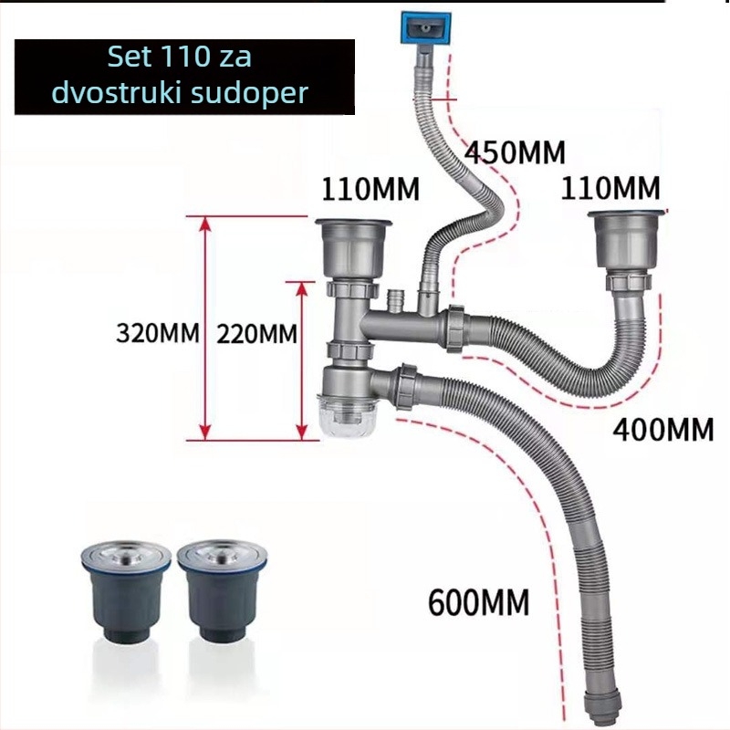 Set odvoda cijevi za sudoperu – dvostruka kuhinjska sudopera, (Model RQ6; PP; Otporan na miris; Brand: Qingduo)